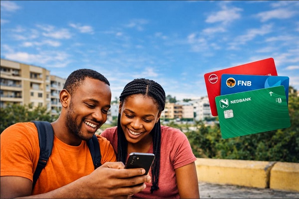 Smiling friends exploring banking options together for low-fee bank accounts: SA Bank Fees