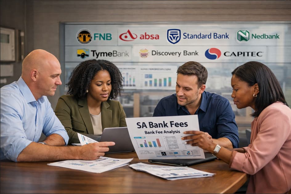 Team reviewing bank fee analysis report: SA Bank Fees