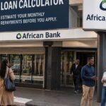 Image: African Bank storefront with loan calculator billboard for African Bank Loan Calculator Guide: Estimate Your Monthly Repayments Before You Apply: SA Bank Fees
